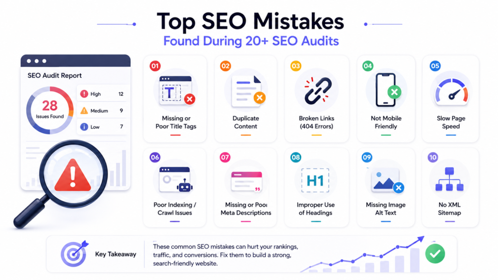 Common SEO mistakes found during 20+ SEO audits
SEO audit infographic showing common website issues
Top SEO mistakes affecting website rankings
Website SEO audit checklist infographic
Common website SEO errors visual guide
SEO audit report highlighting key issues
Most common SEO problems infographic
Website SEO optimization mistakes overview
SEO audit findings for better rankings
Visual summary of common SEO audit issues
