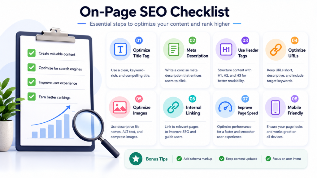 on page SEO checklist infographic with essential website optimization steps for higher google rankings.